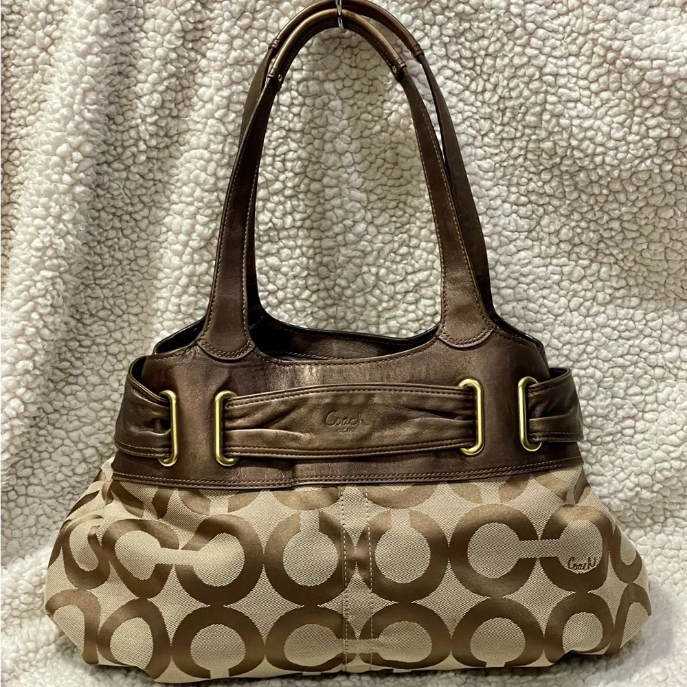 Coach Hobo Bronze Leather Signature Op Art Tote Bag With Hang Tags Y2K - Picture 2 of 16
